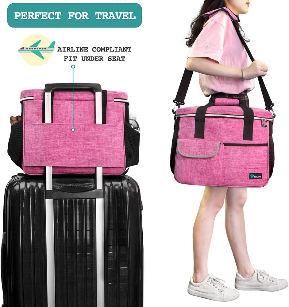 Dog Travel Bag - Travel Pet Organizer with Food Container and Bowls, Perfect for Weekend Camping or Gifting - Pink, Medium